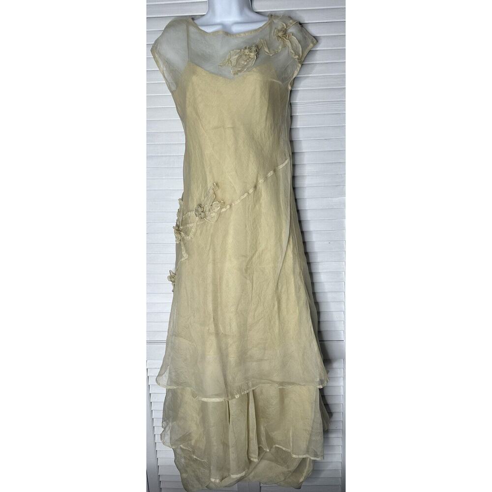 Tiar Los Angeles Silk Organza Sheer 3D Flowers Linen Romantic Fairy Tan Dress XS